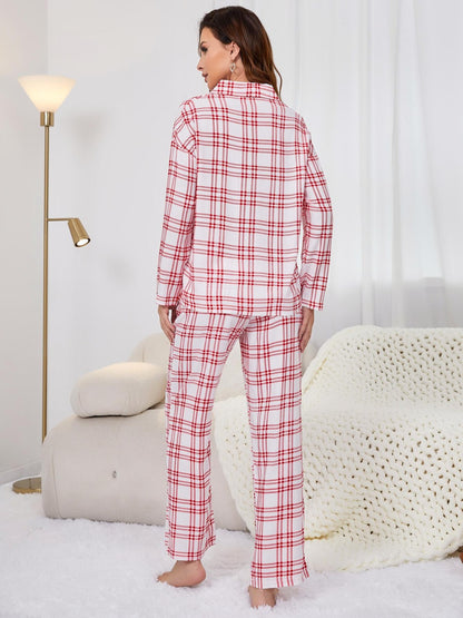 Plaid Collared Neck Long Sleeve Top and Pants Lounge Set