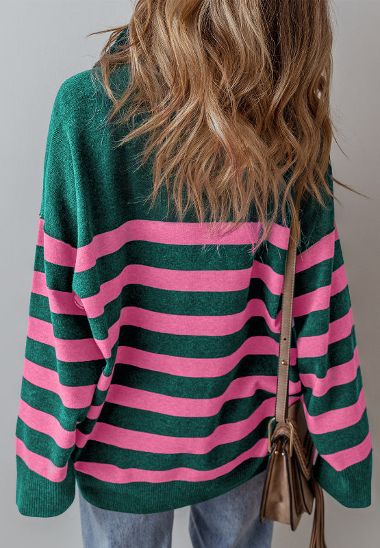 Contrast Striped Quarter Zip Long Sleeve Sweater