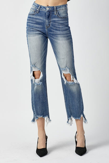 RISEN High Waist Distressed Frayed Hem Cropped Straight Jeans