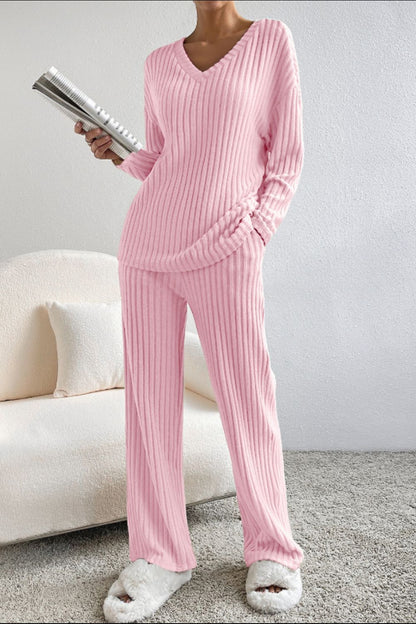 Ribbed V-Neck Top and Pants Lounge Set