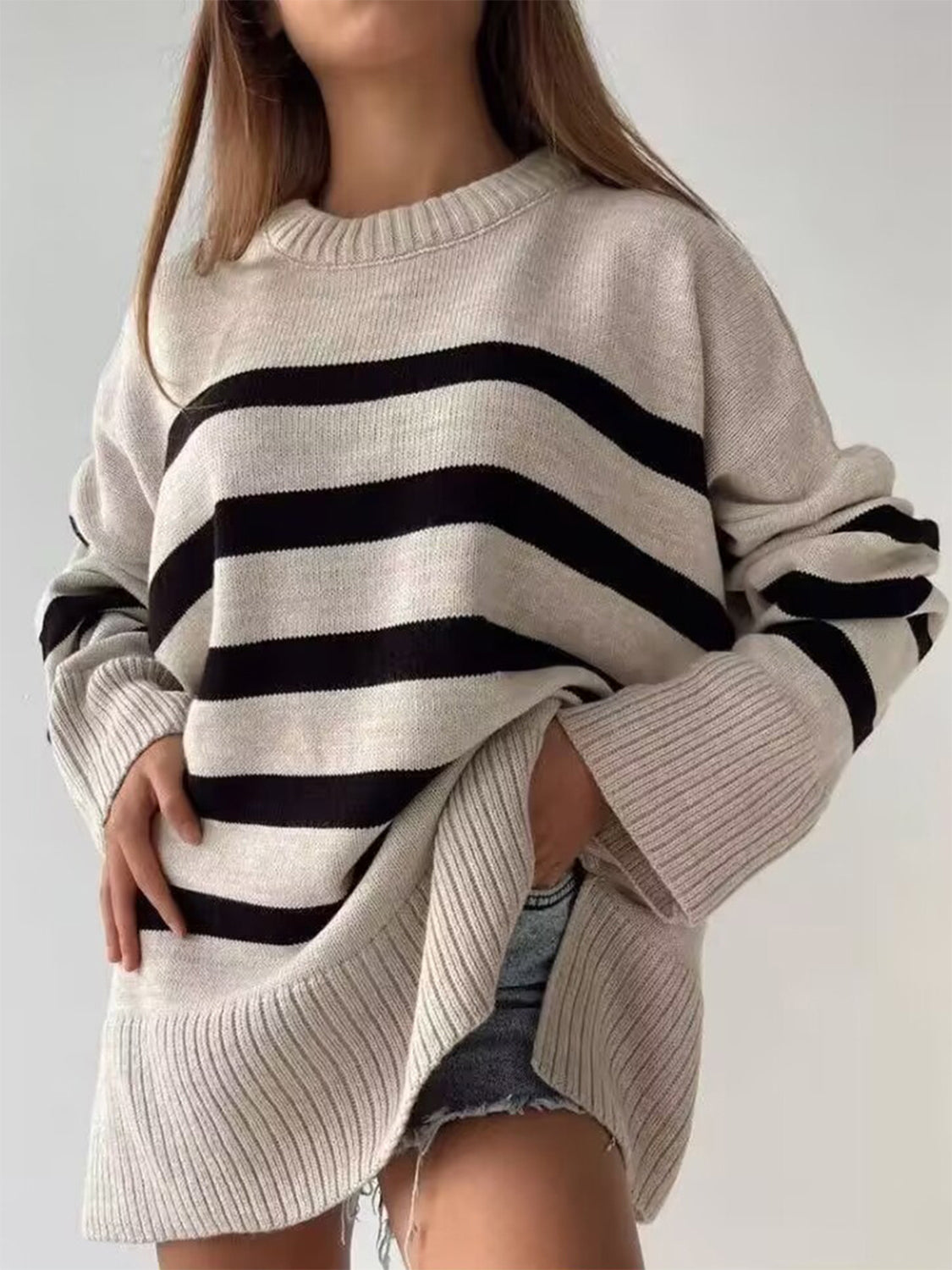 Slit Striped Round Neck Sweater