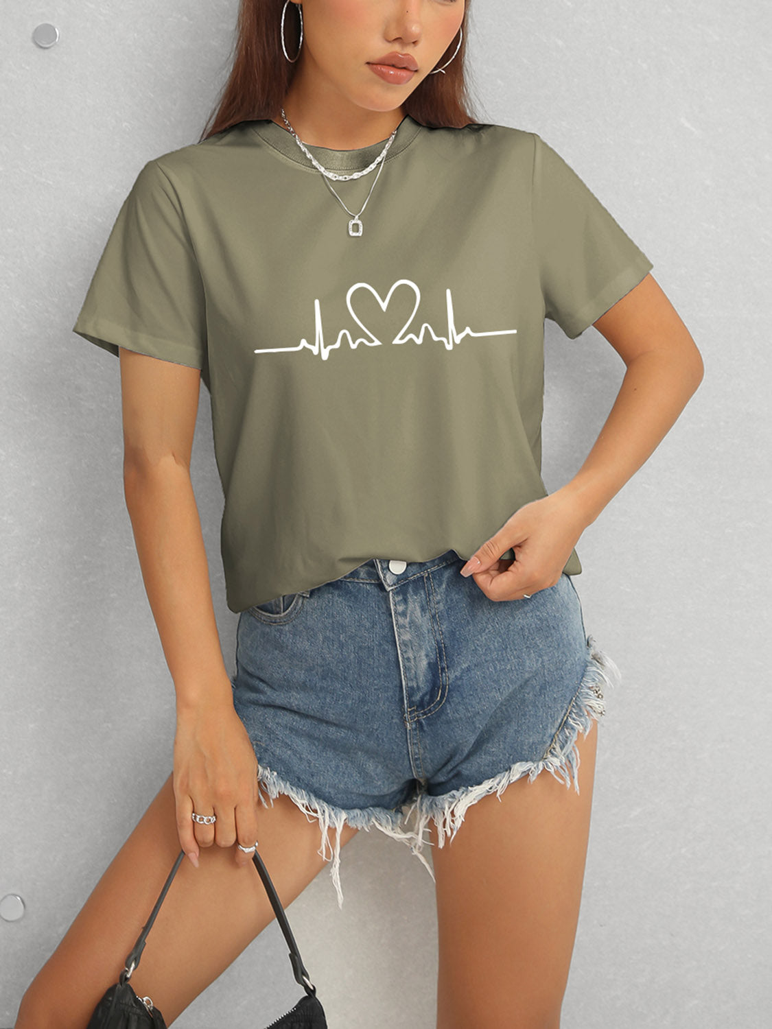 Heart Round Neck Short Sleeve T-Shirt